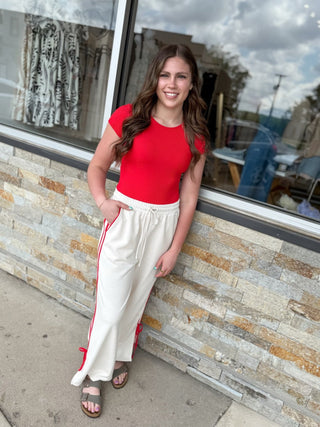 Red Bow Striped Cream Sweatpants - Modern Creek Boutique