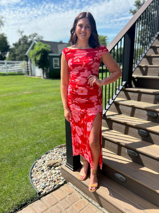 Red Floral Mesh Off Shoulder Maxi Dress - Modern Creek Boutique