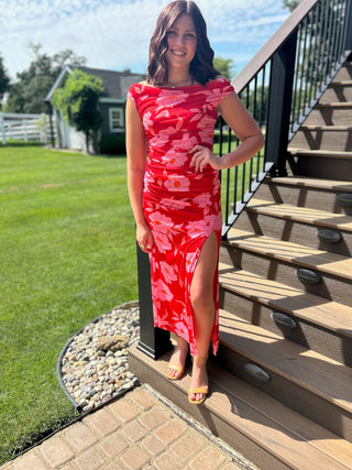 Red Floral Mesh Off Shoulder Maxi Dress - Modern Creek Boutique