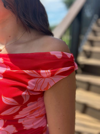 Red Floral Mesh Off Shoulder Maxi Dress - Modern Creek Boutique