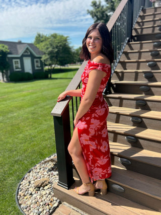 Red Floral Mesh Off Shoulder Maxi Dress - Modern Creek Boutique
