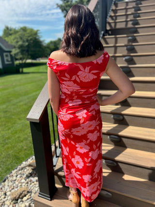 Red Floral Mesh Off Shoulder Maxi Dress - Modern Creek Boutique