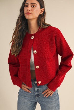Red Ribbed Gold Button Cardigan - Modern Creek Boutique
