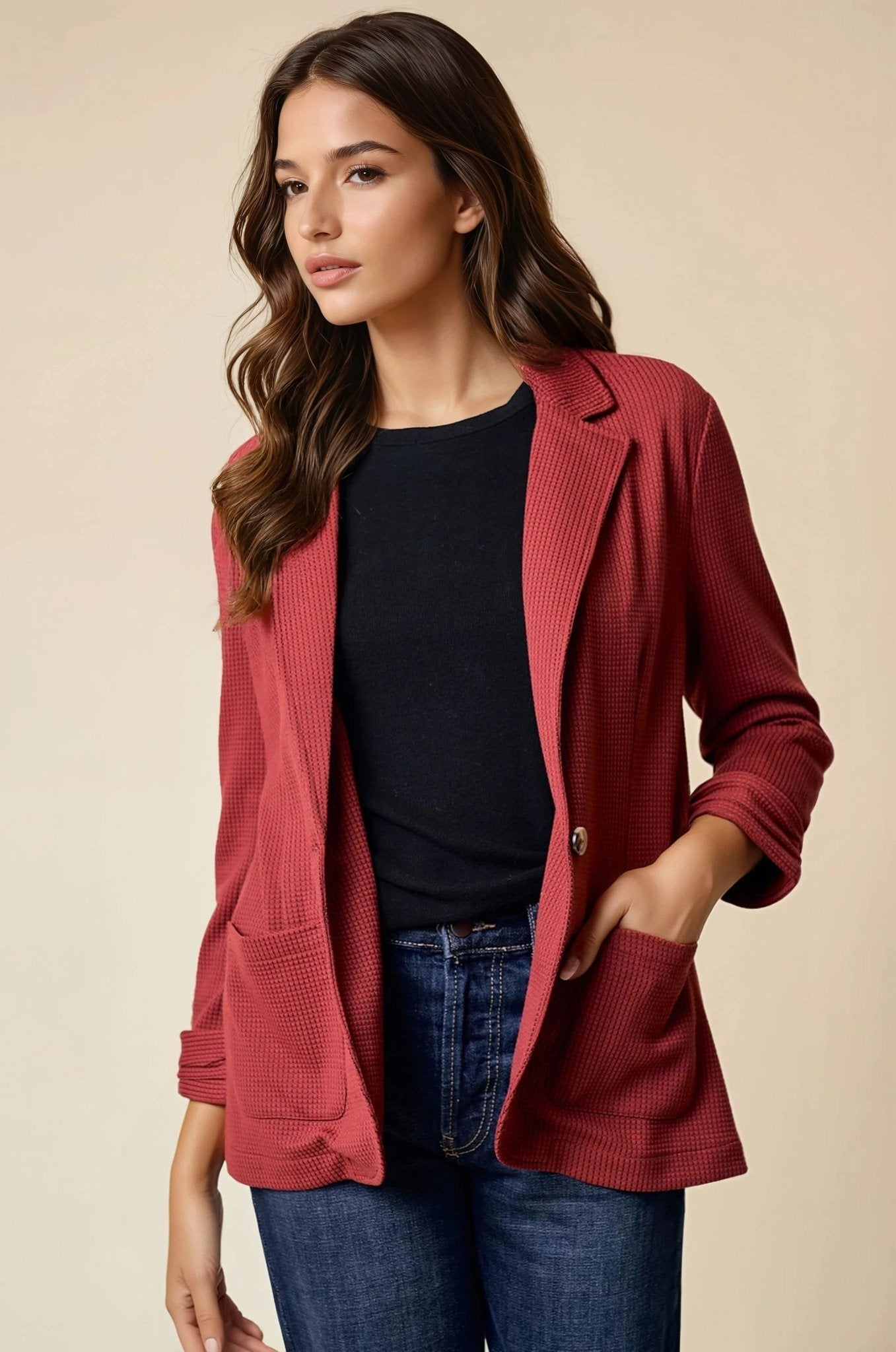 Red Shirred Sleeve Textured Blazer - Modern Creek Boutique