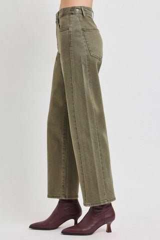 Risen High Rise Olive Barrel Jean - Modern Creek Boutique