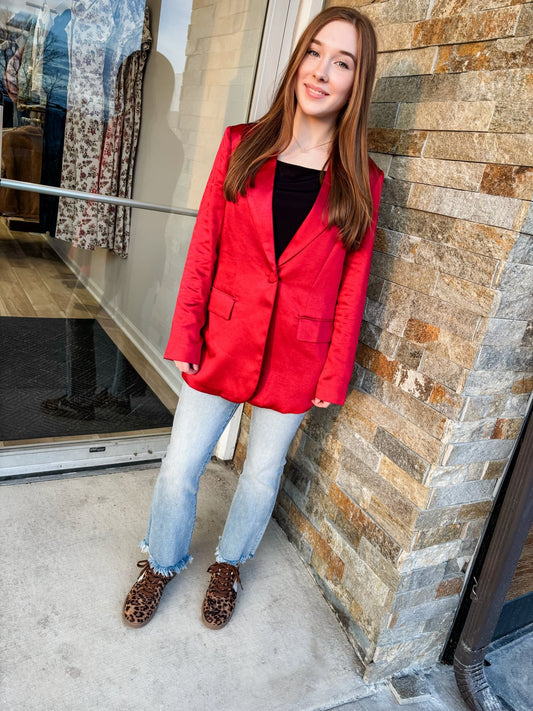 Ruby Bliss Red Satin Blazer - Modern Creek Boutique