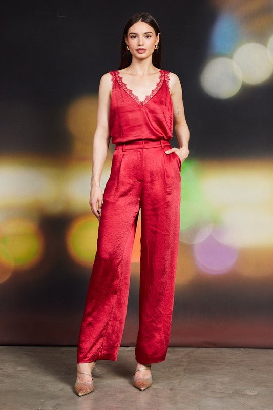 Ruby Bliss Red Satin Trousers - Modern Creek Boutique