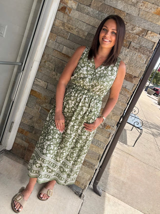 Sage Floral Border Midi Dress - Modern Creek Boutique