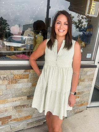 Sage Striped Shirring Mini Dress - Modern Creek Boutique