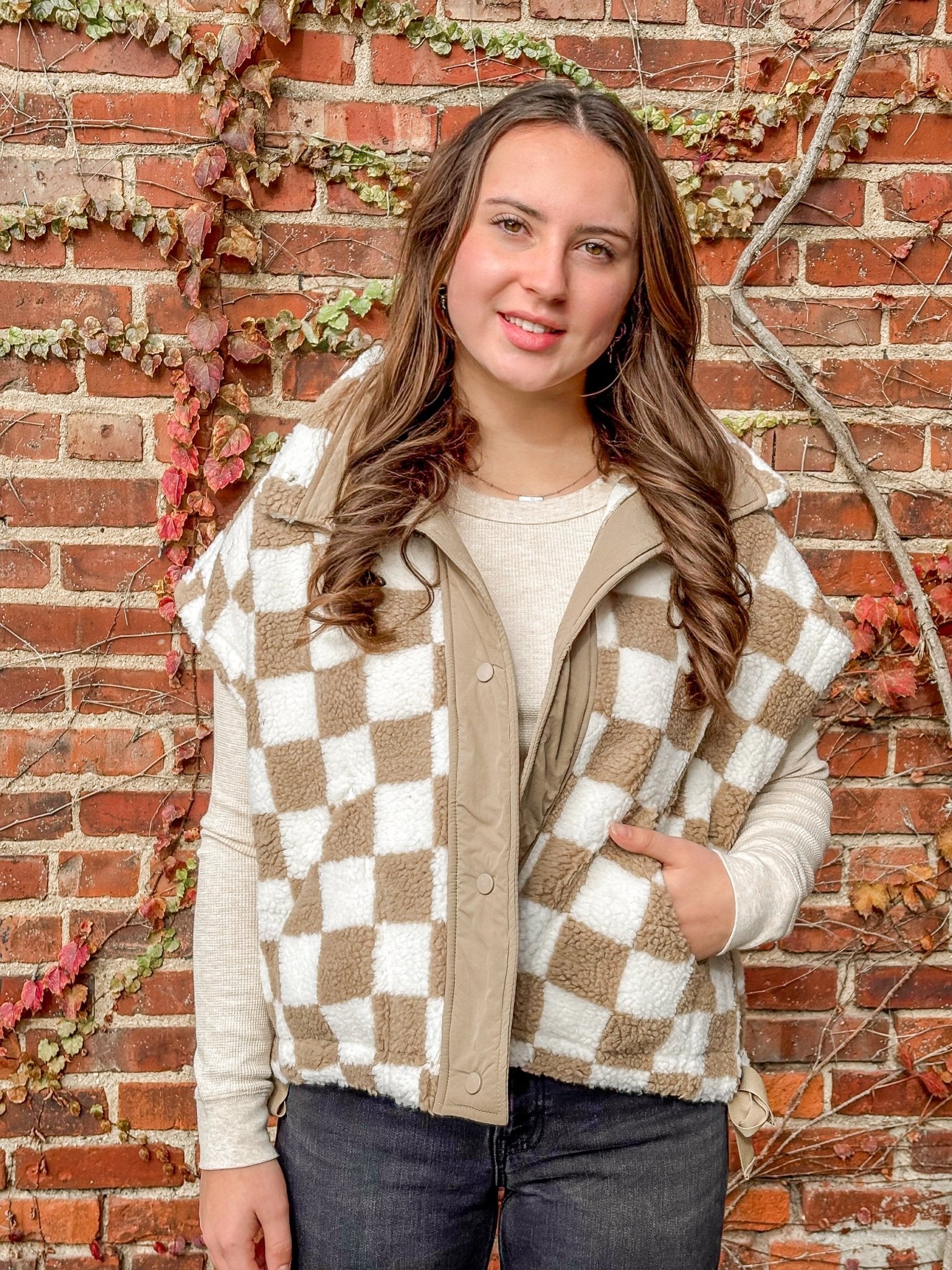 Taupe Checkered Oversized Fleece Vest - Modern Creek Boutique