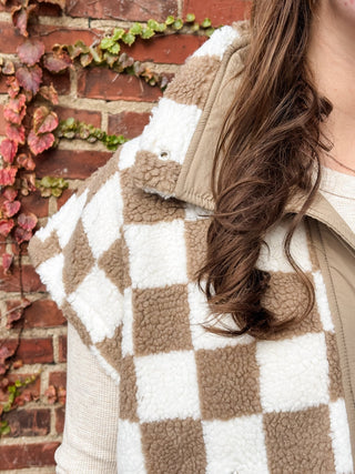 Taupe Checkered Oversized Fleece Vest - Modern Creek Boutique