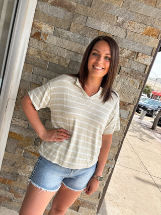 Taupe Striped Drop Shoulder Top - Modern Creek Boutique