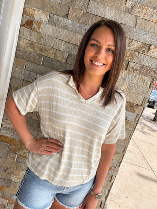 Taupe Striped Drop Shoulder Top - Modern Creek Boutique