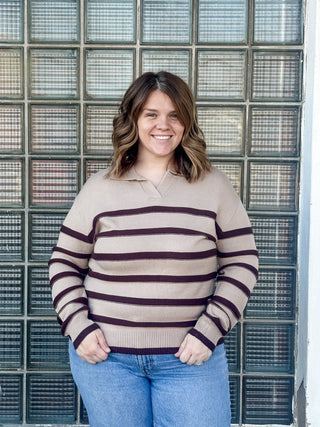 Taupe Striped Vneck Polo Sweater - Modern Creek Boutique