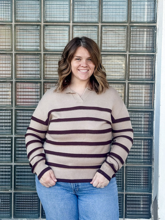 Taupe Striped Vneck Polo Sweater - Modern Creek Boutique
