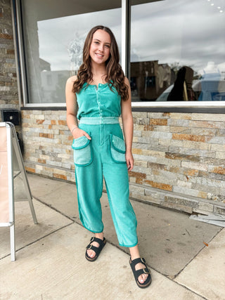 Turquoise Mineral Washed Terry Jumpsuit - Modern Creek Boutique