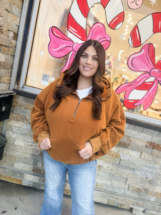 Vintage Camel Half Zip Kangaroo Pocket Hoodie - Modern Creek Boutique