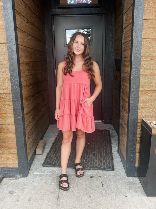 Washed Red Lace Trim Dress - Modern Creek Boutique