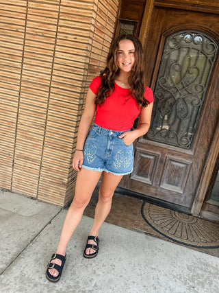 Western Embroidered Denim Shorts - Modern Creek Boutique