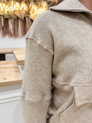 Wheat Waffle Knit Half Zip Up Sweatshirt - Modern Creek Boutique