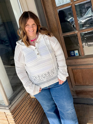 White Crochet V - neck Hoodie - Modern Creek Boutique
