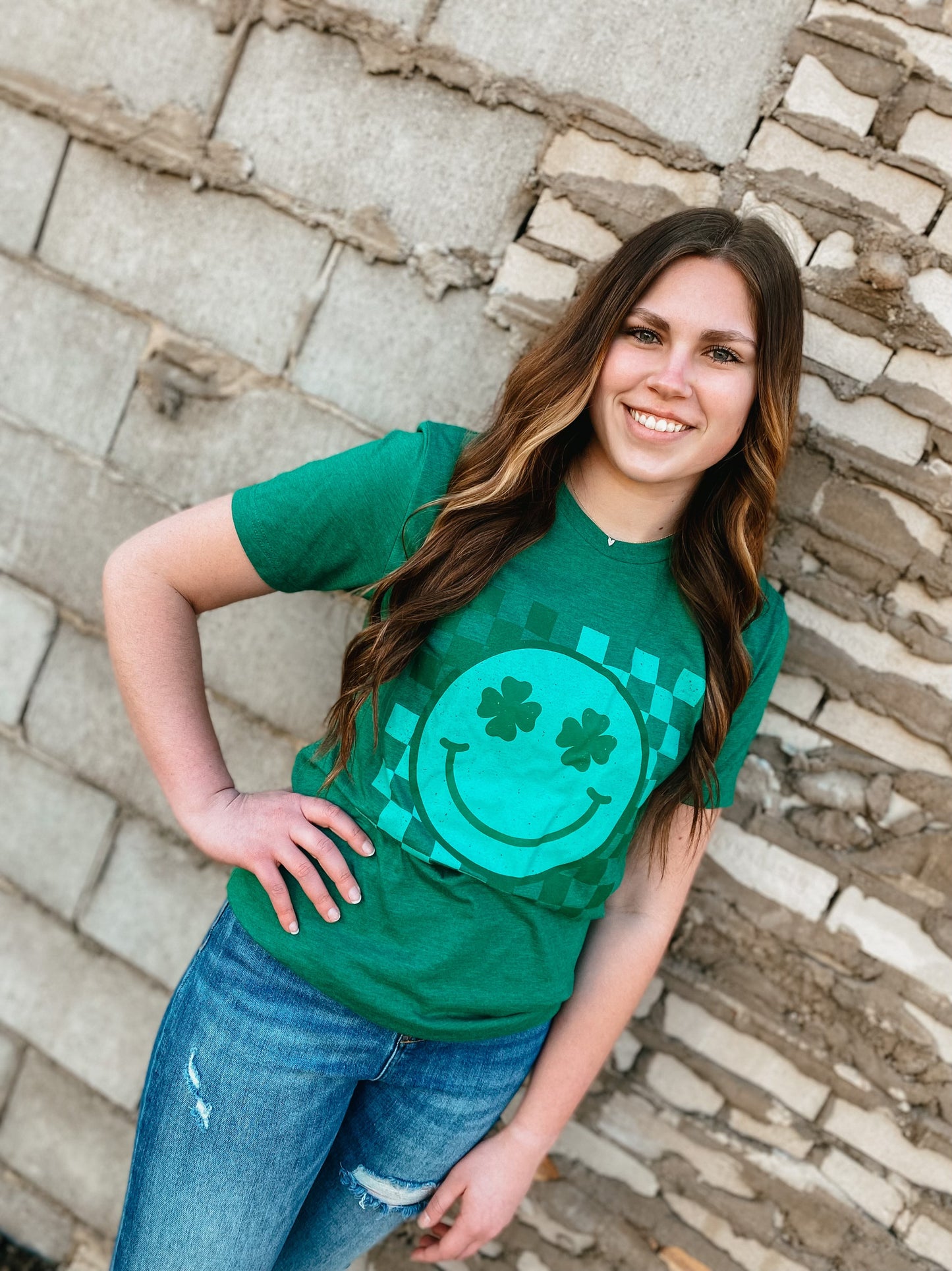 Checkered Clover Smile Green Graphic Tee