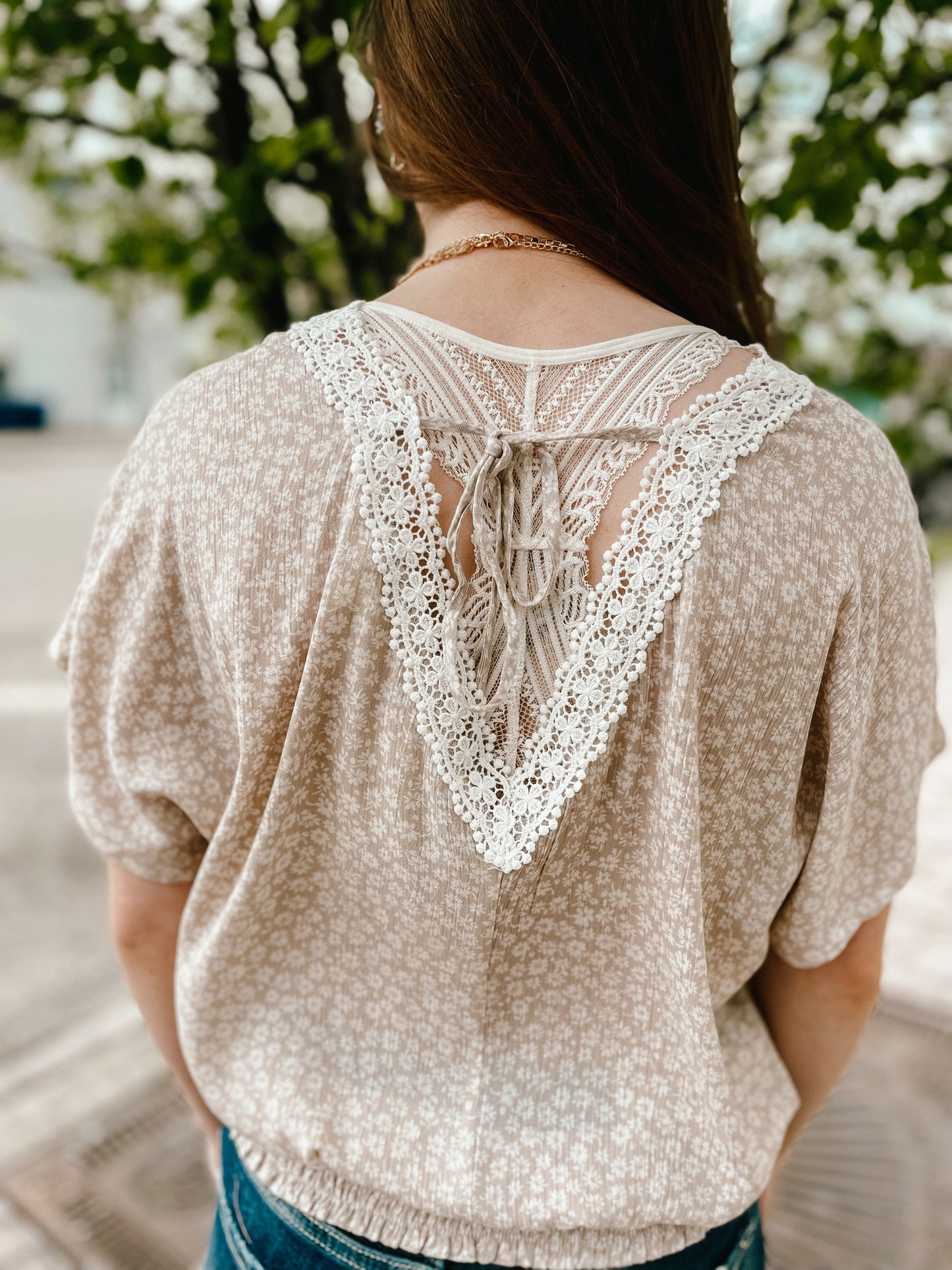 The Ophelia Crochet Trimmed Taupe Blouse